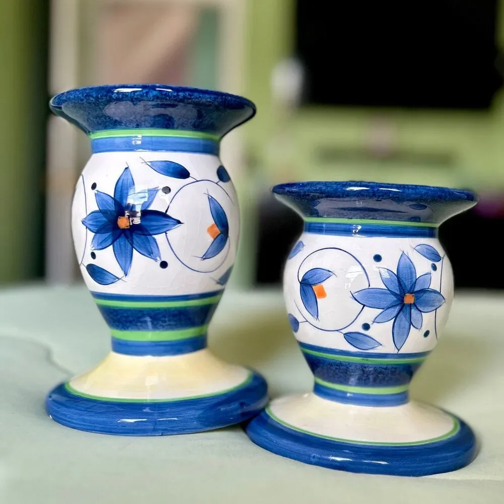 VTG Pfaltzgraff Floral Dainty Ceramic Blue + Orange Candlestick Holder Set of 2